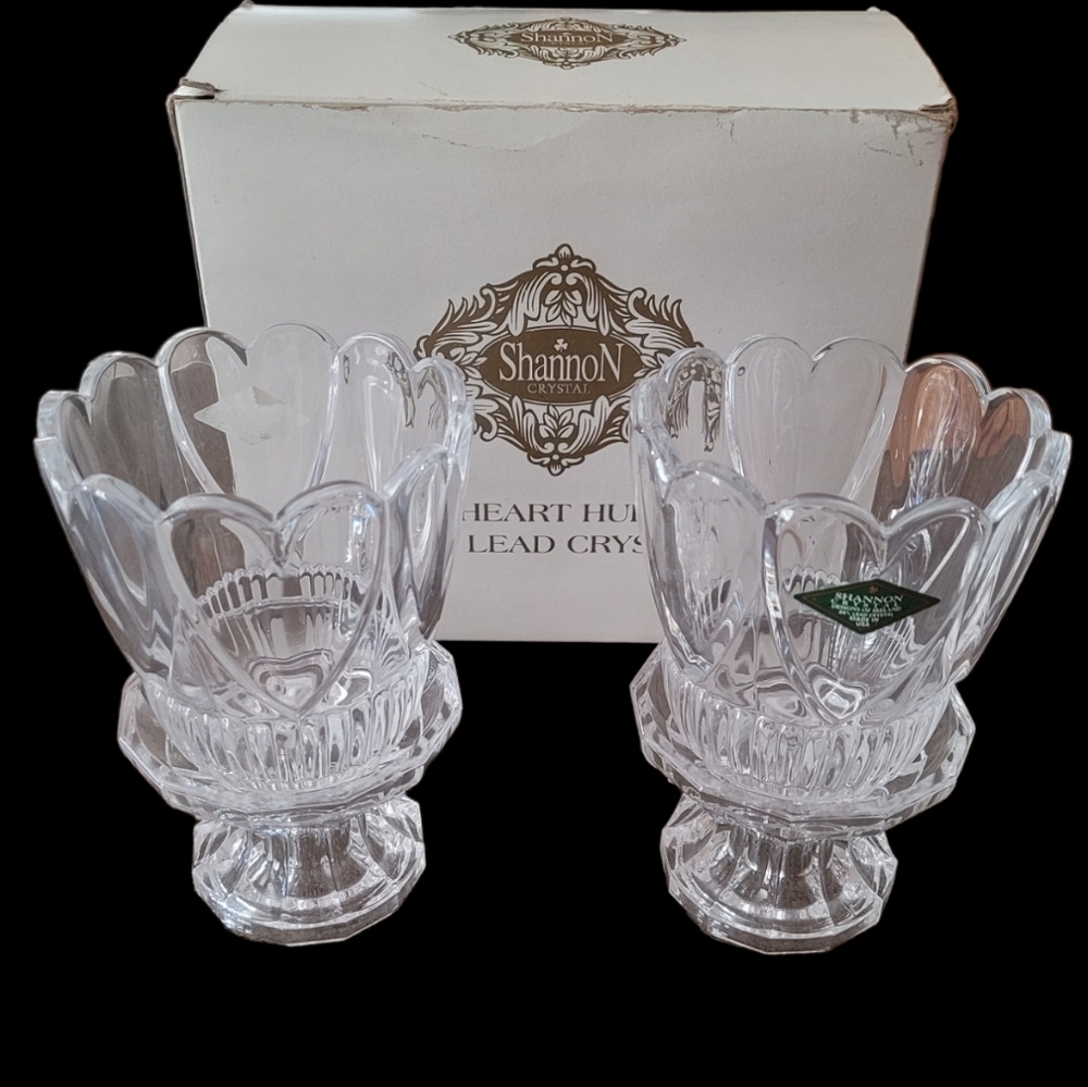 Shannon Crystal Pair of Heart Hurricane 24% Lead Crystal Candle Holders with Box